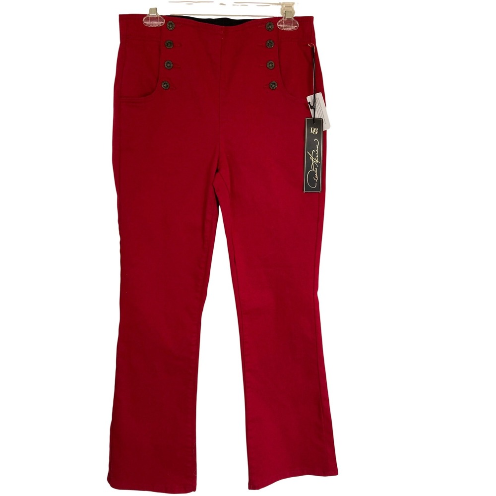 DG2 Diane Gilman Red Sailor Flare Pants‎ High Rise Decorative Button Womens M